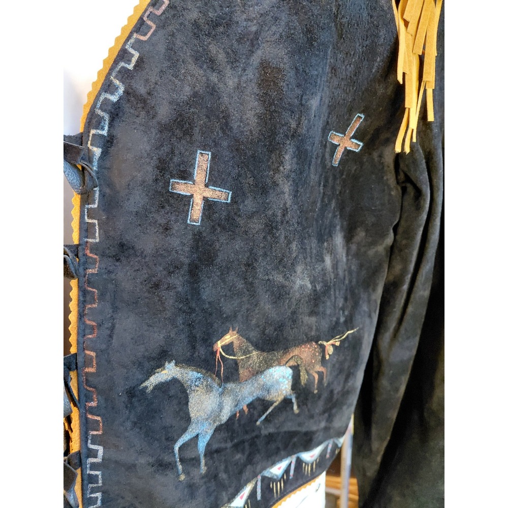Patricia Wolf Black Suede Hand Painted Horse Fringe Western Jacket Womens Medium - Picture 6 of 15